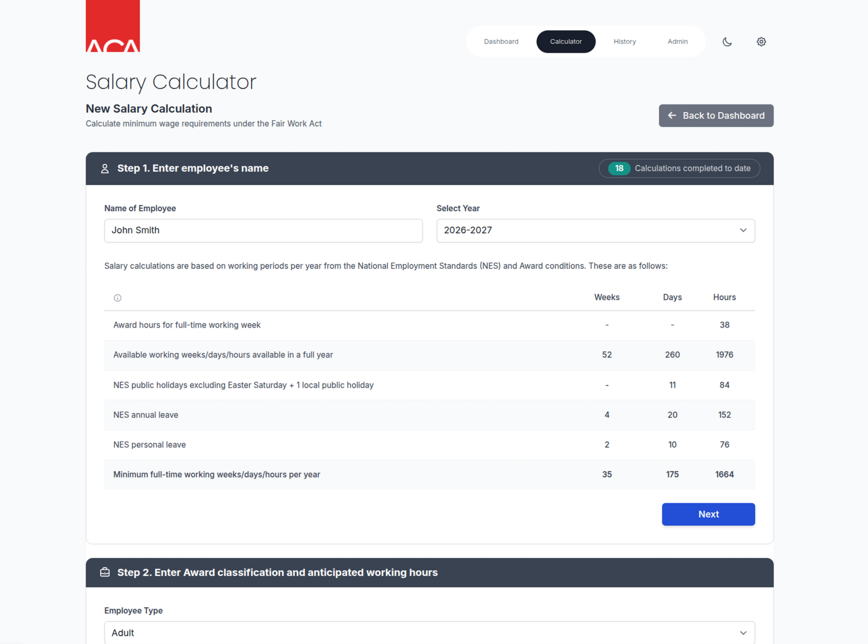 SC5 dashboard showing a new salary calculation with NES working periods